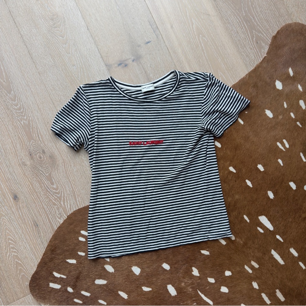 Saint Laurent Black and White Striped Short Sleeve Tee